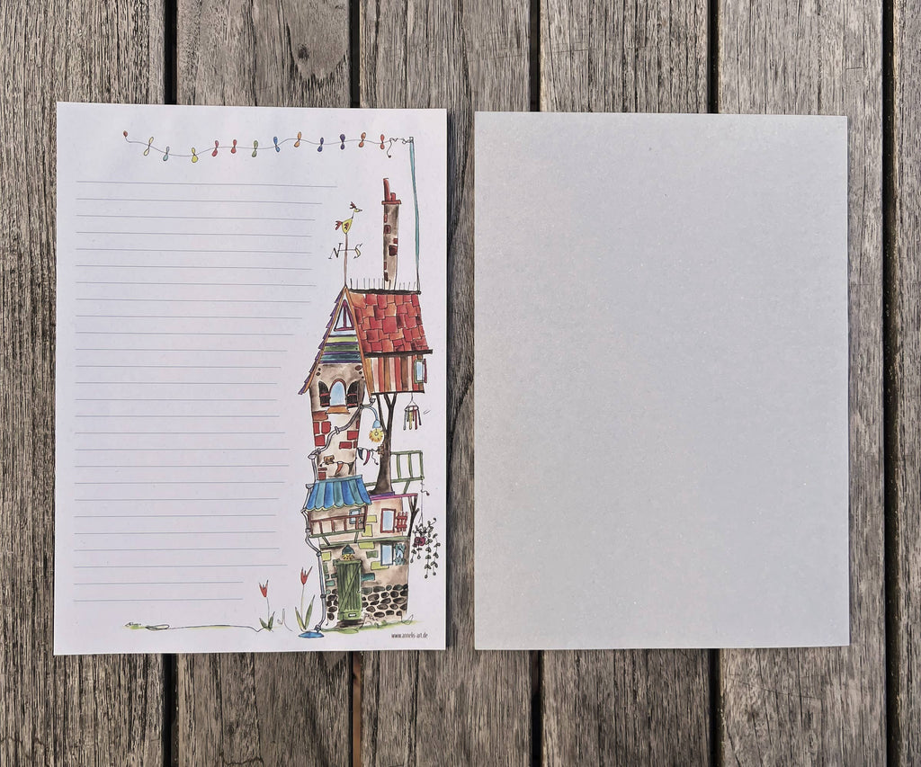 Briefpapier A4 | buntes Haus | Recyclingpapier | liniert