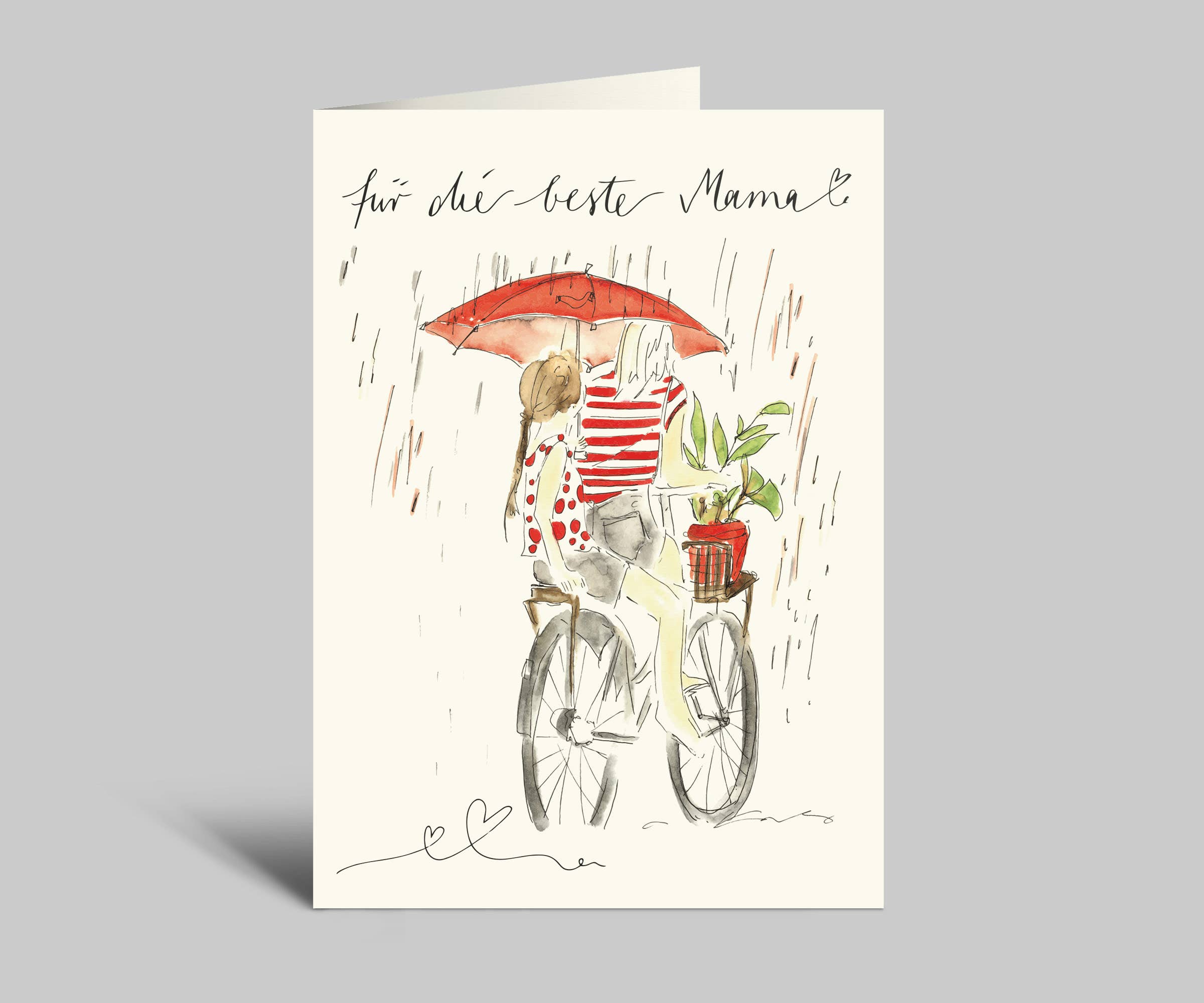 Muttertagskarte | Mama und Tochter fahren durch den Regen